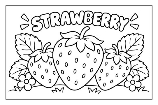 Strawberry coloring page featuring fresh garden berries with leaves and flowers for kids activity book design