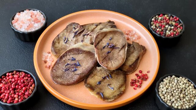 Slices of grilled pork or beef tongue seasoned with salt and allspice. Sliced beef tongue as a food background for your design