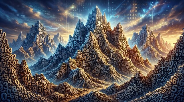 Futuristic Data Mountain Landscape Composed of Floating Numbers and Binary Code