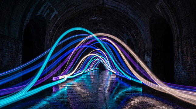 Blue and purple light trails creating an archway effect in a dark tunnel with abstract