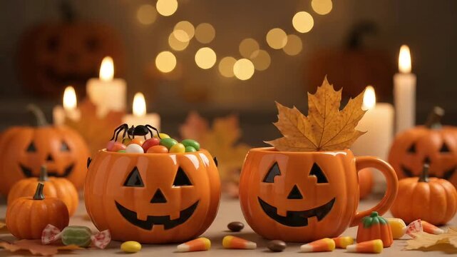Cozy autumn setup featuring ceramic Jack-o'-lantern mugs filled with sweet candies and a warm drink against blurred candles and glowing bokeh lights in a cinematic animated Halloween video background
