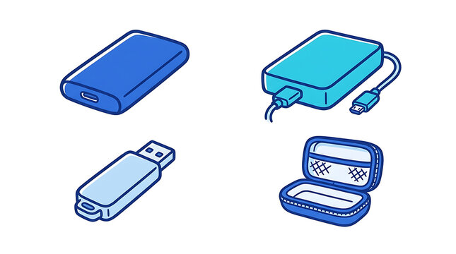 Set of blue technology storage accessory icons including hard drives and usb