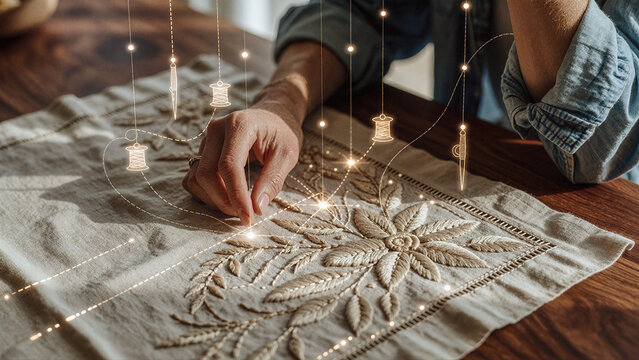Hand touches beige linen fabric adorned with floral embroidery under soft sunlight. Glowing digital lines, thread spools, and needles float above the textured stitching pattern.