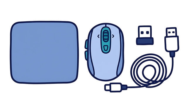 Computer mouse with mousepad and usb connector cable in flat vector style
