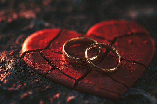 Gold wedding rings on broken red heart symbolizing love and relationship