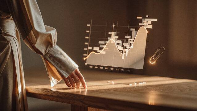 Woman reaches toward a glowing holographic financial chart floating above a wooden desk in warm, low-key illumination with soft rim lighting on her sleeve.
