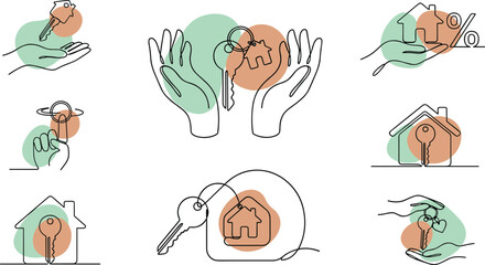 Fototapeta premium Real Estate and Home Ownership Continuous Line Art Icon Set with Hands House Keys and Mortgage Percentage Symbols for Property Agency Graphic Designs