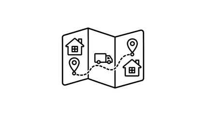 Fototapeta premium Moving logistics with map, houses, and truck for relocation planning.