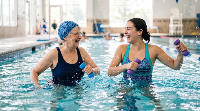 Intergenerational women laughing and exercising with dumbbells in a swimming pool during water aerobics class