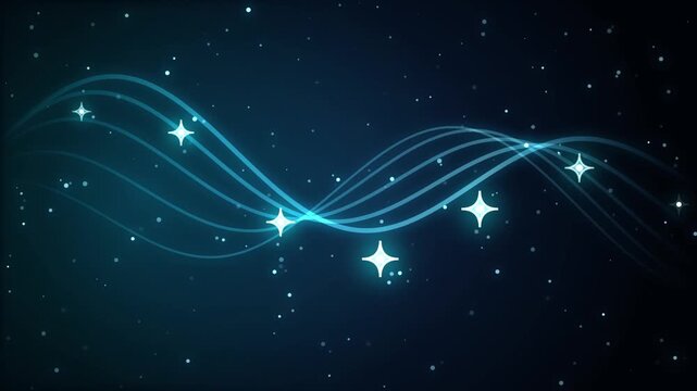 Glow blue neon wave lines and sparkling stars animating on dark space background motion graphic loop
