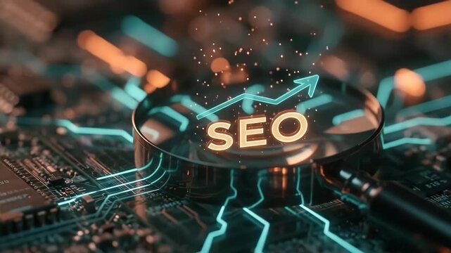 SEO word glowing on circular chip with orange growth arrow and teal digital circuit lines representing search optimization