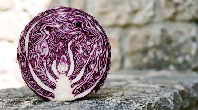 Red cabbage cross section isolated on natural stone surface