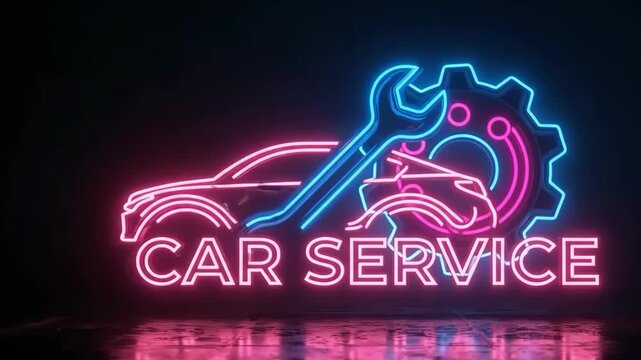 Neon sign of car service garage with glowing wrench tool and vehicle silhouette on dark background