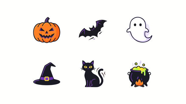 Halloween Pumpkin Set Vector Illustration, Collection of Spooky Pumpkin Icons with Bat, Ghost, Cat, Witch Hat, Spider and Skull for Autumn Holiday and Seasonal Design