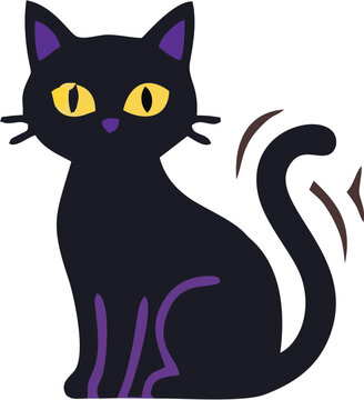Black Cat Vector Illustration, Cute Domestic Feline Pet with Bold Silhouette, Curved Tail and Expressive Eyes Isolated on White Background for Animal and Halloween Design