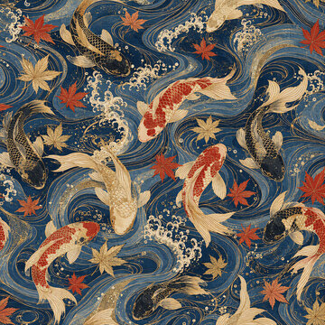 Japanese Traditional Seamless Patterns Set, Elegant Asian Floral and Nature Backgrounds, Oriental Textile Design with Flowers, Fans, Cranes and Koi Fish