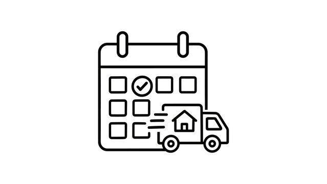 Relocation calendar scheduling icon with delivery truck outline design.