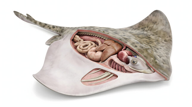 Detailed scientific illustration showcasing the complex internal anatomy of a stingray. This educational image reveals the digestive system, heart, gills, and skeletal components, offering a compre...