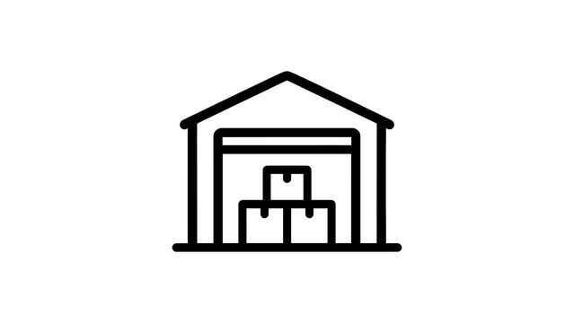Storage warehouse building outline icon featuring cardboard box stack.