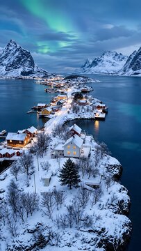 Snowy Arctic Coastal Village Surrounded by Mountains under Northern Lights