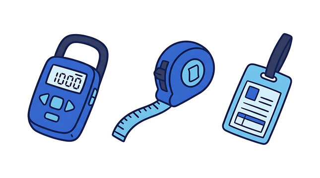 Set of blue travel accessories including a digital scale tape measure and ID tag