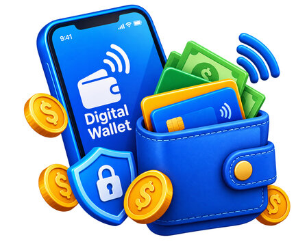 Digital wallet smartphone app with credit cards and golden coins for secure