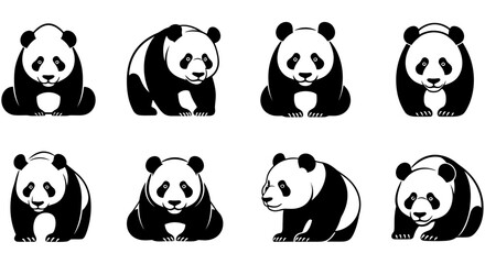 Eight panda bear silhouettes displayed in various poses against a white background © JOHIRUL_STUDIO