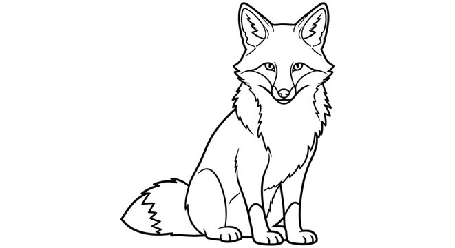 Line art illustration depicts a seated red fox with detailed fur texture