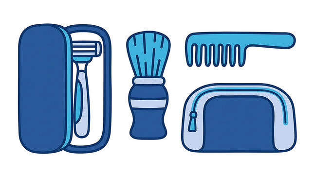Blue travel grooming kit icons featuring a razor brush comb and toiletry bag