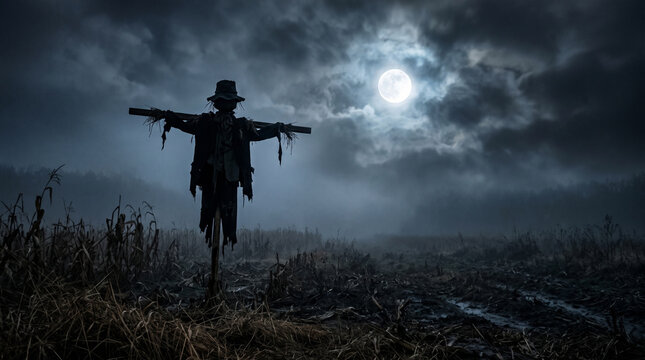 Eerie scarecrow standing in a dark autumn field beneath a bright full moon and dramatic cloudy night sky.