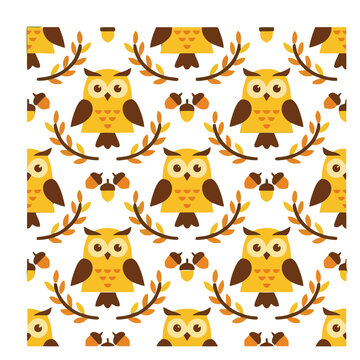 Seamless pattern of owls and acorns
