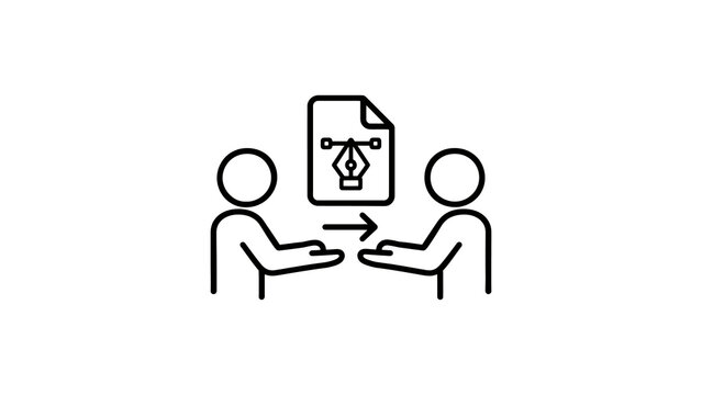 Two people exchanging design document file outline vector illustration.
