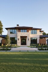 Fototapeta premium Modern luxury house facade exterior view with stone wall and green lawn