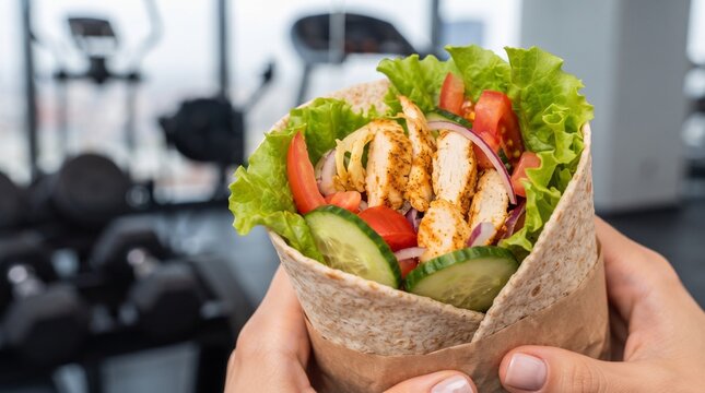 Close-up of hands holding a healthy chicken wrap filled with fresh lettuce, tomatoes, cucumbers, and red onion with a gym background
