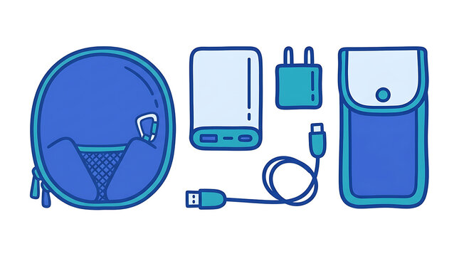 Set of travel accessories and electronic gadgets in a flat vector style