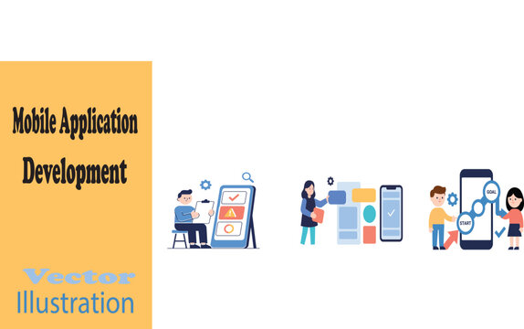 Mobile application development concept with designers and developers using tools