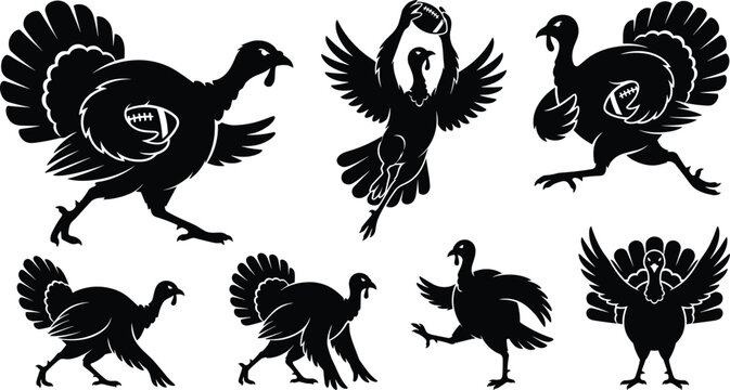 Thanksgiving American football turkey silhouette vector set featuring athletic sports cartoon birds running catching balls and posing for holiday game