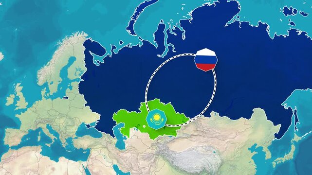 Animated Map Highlighting Regional Connection Between Russia and Kazakhstan Footage