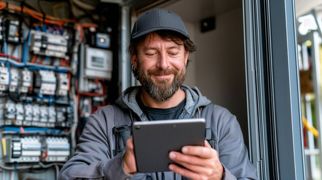 Electrician holding a tablet to check work