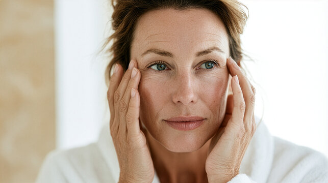 elegant Caucasian Woman in her early forties standing in front of a large minimalist bathroom mirror, gently examining fine lines around her eyes and forehead with a thoughtful expression