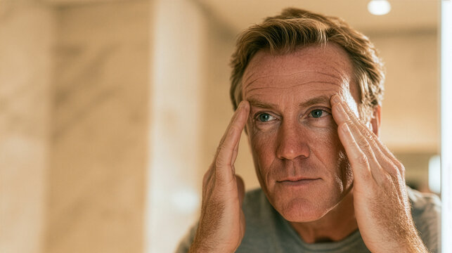 elegant Mature Man in her early forties standing in front of a large minimalist bathroom mirror, gently examining fine lines around him eyes and forehead with a thoughtful expression