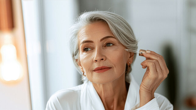 Elegant mature woman applying a luxury anti-aging serum in front of a bright bathroom mirror