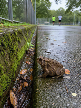 Vertical photo of a large toad sitting on a wet paved path in a park. Amphibian wildlife near jogging people after rain