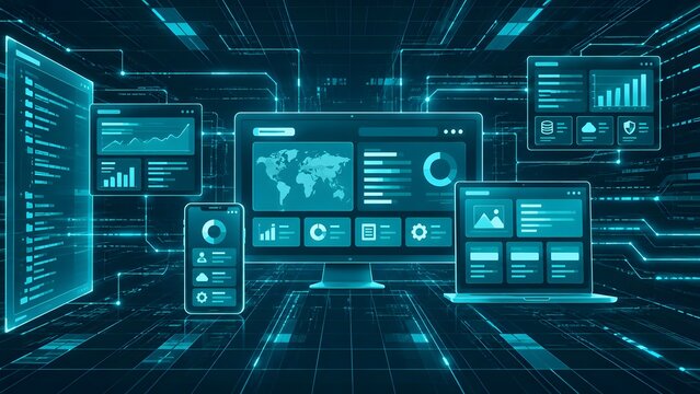 Futuristic digital command center with floating UI screens displaying global map charts and computer code in virtual reality