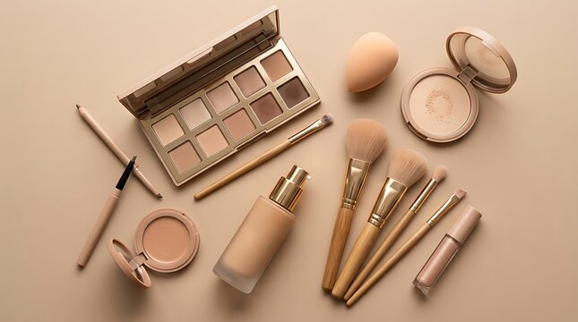 Set of makeup brushes and cosmetic products including eyeshadow palette and foundation on a beige background. simple makeup tutorial