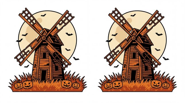 Halloween windmill vector illustration featuring a spooky wooden barn structure. Orange jack o lantern pumpkins sitting in the dark grass patch below. Full moon circle background with flying bats