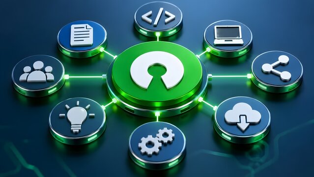 Glowing green open source technology symbol surrounded by blue icons representing collaborative software development and global network