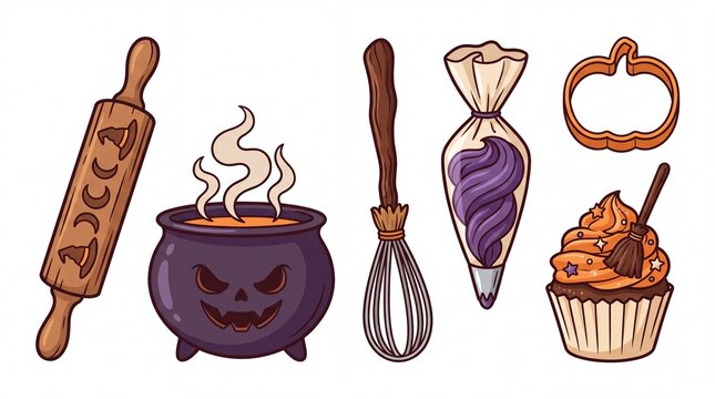 Halloween baking tools and spooky desserts vector collection. Featuring rolling pin steaming cauldron whisk piping bag pumpkin cookie cutter and frosted cupcake with broom