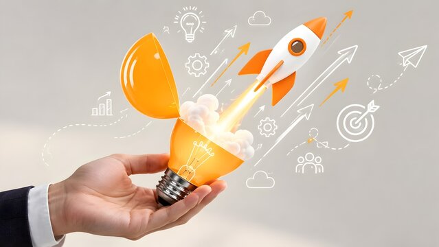 Businessman hand holding an open glowing lightbulb with a launching rocket and doodle sketches representing creative startup ideas
