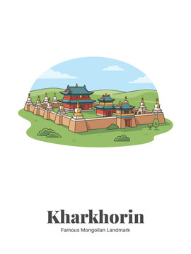Kharkhorin Erdene Zuu Monastery Mongolia Flat Vector Poster Illustration of Famous Landmark